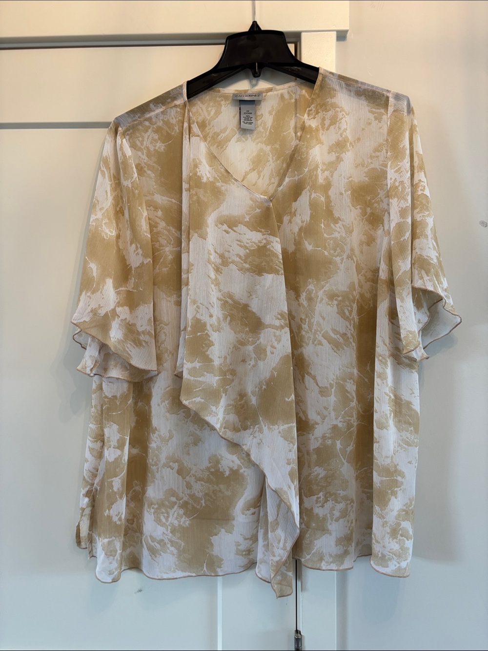 Catherines Cream and Tan Abstract Ruffle Sleeve Blouse